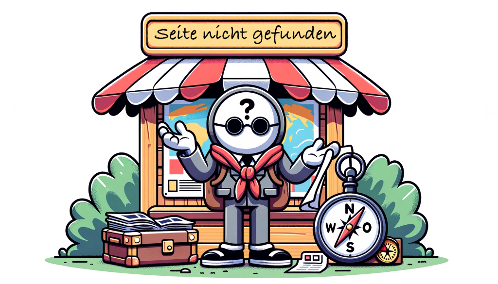 Illustration einer Informationstafel mit der Überschrift "Seite nicht gefunden", umgeben von Reiseutensilien und einer Cartoon-Figur.