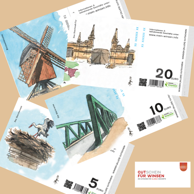 Hier sind die Gutscheine zu sehen, mit den bekannten Winser Motiven Allerbrücke, Junkerntor, Bockwindmühle, Storchennest