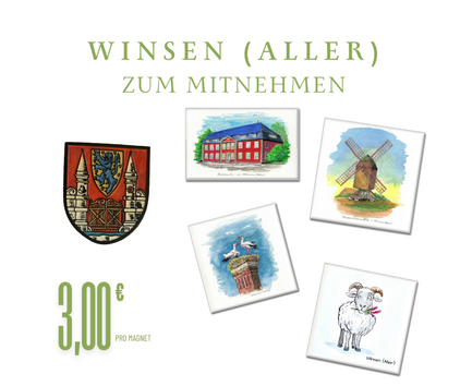 Motive Rathaus, Bockwindmühle, Störche, Heidschnucke, Gemeindewappen