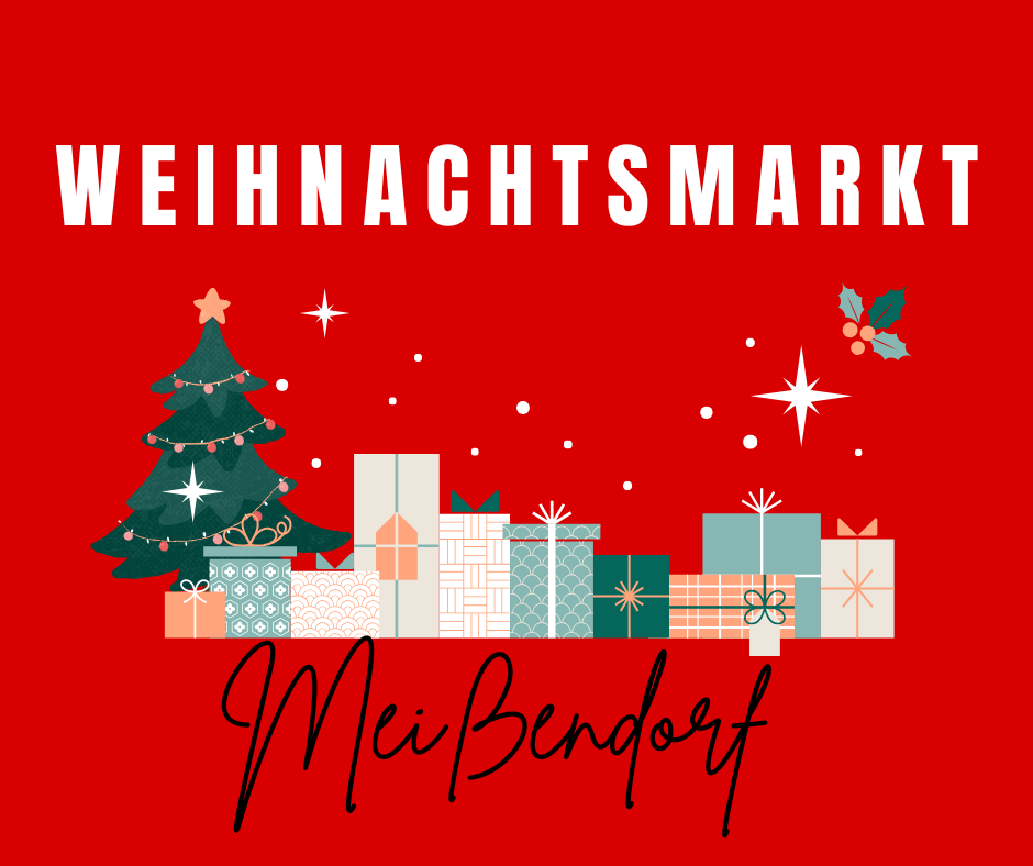 Roter Hintergrund, Tannenbaum, Geschenke Schriftzug Weihnachtsmarkt in Meißendorf