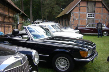 Verschiedene Oldtimer vor einem alten Bauernhaus