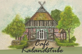 Wintermarkt in der Kalandstube Aquarellillustration eines Fachwerkhauses mit der Beschriftung "Café Kalandstube" und umgeben von Bäumen.