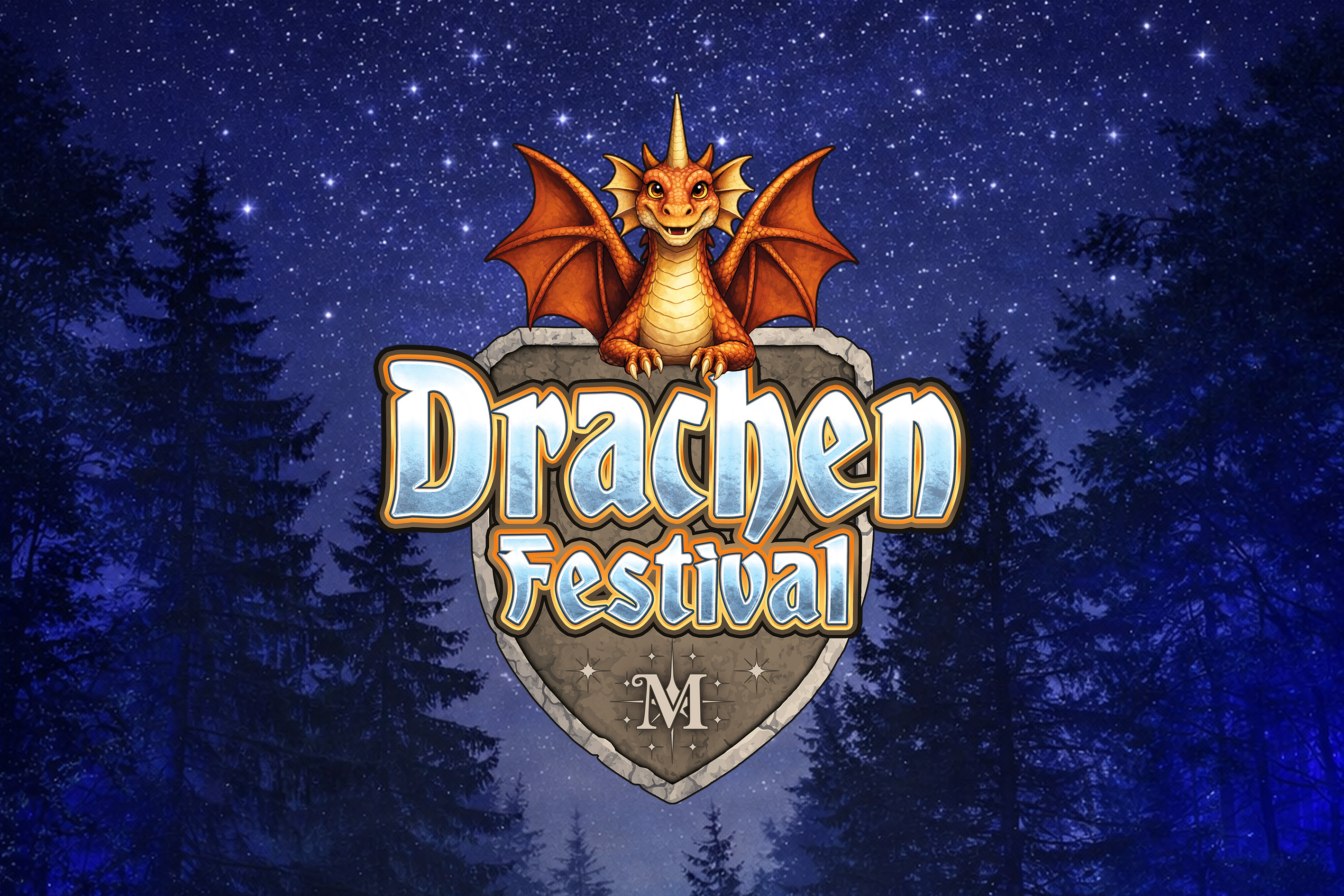 Abendhimmel, Drache hält Wappen mit Aufschrift Drachenfestival
