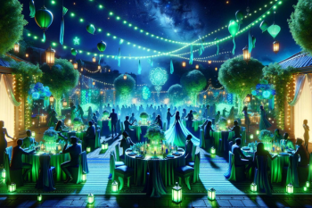Grün-Blaue Nacht Illustrierte Szene einer nächtlichen Gartenparty mit Lichterketten.