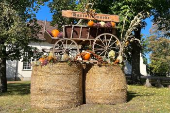 Erntedekoration mit Kürbissen auf Strohballen.