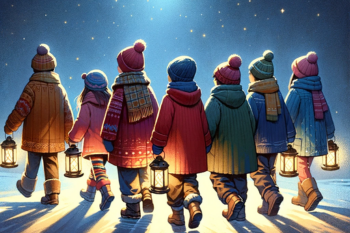 19. Martinsumzug Südwinsen Gruppe von Kindern mit Laternen in winterlicher Nacht.