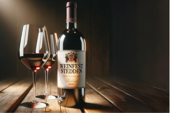 Weinflasche mit Etikett "Weinfest Stedden" und zwei Weingläsern auf einem Holztisch.